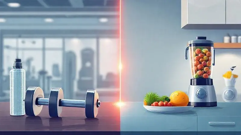 Ilustração mostrando a integração do whey protein na rotina diária, conectando o ambiente da academia com a cozinha de forma harmoniosa.