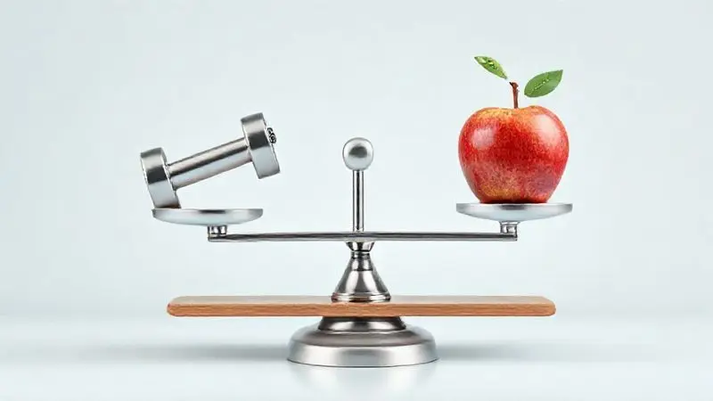 Ilustração conceitual de uma balança com um peso de academia e uma maçã, mostrando como o Medium Whey pode ajudar no processo de emagrecimento e saciedade.