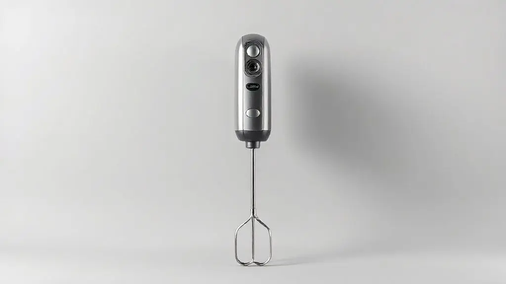 Um mixer de mão moderno e sem marca, exibido em um fundo neutro com iluminação de estúdio, destacando o guia dos melhores mixers.