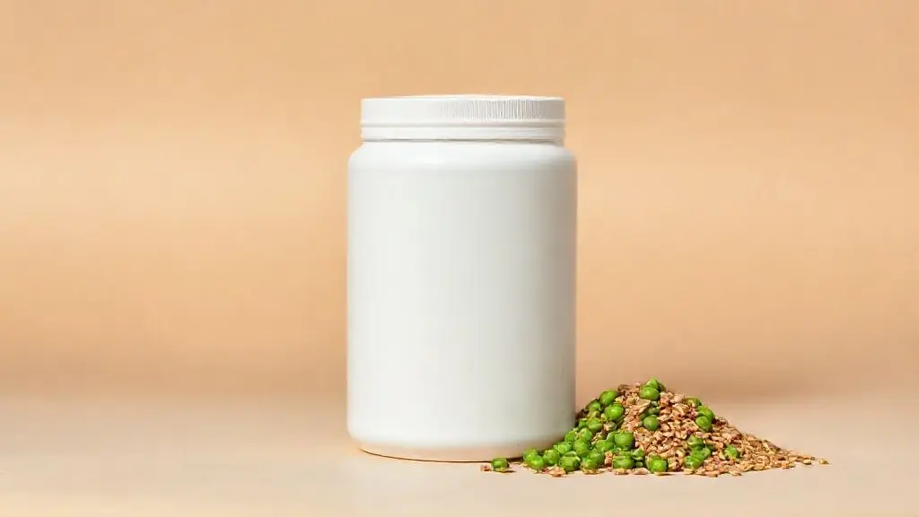 Embalagem de proteína vegana em pó sem marca sobre um fundo neutro, ao lado de ervilhas e grãos de arroz, representando as melhores opções do mercado.