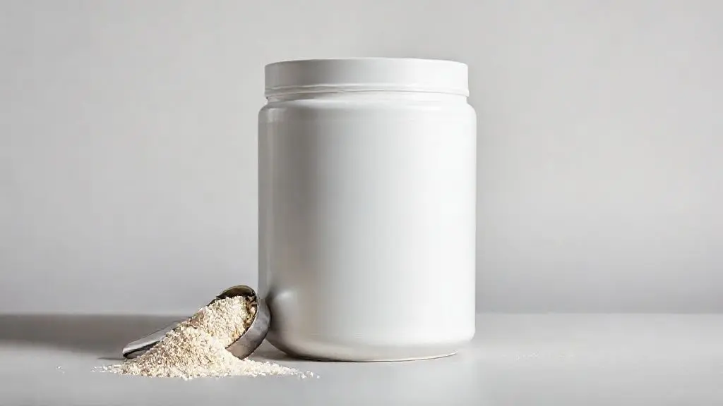 Pote de whey protein com um medidor ao lado, representando uma análise para descobrir o melhor sabor de whey para comprar.