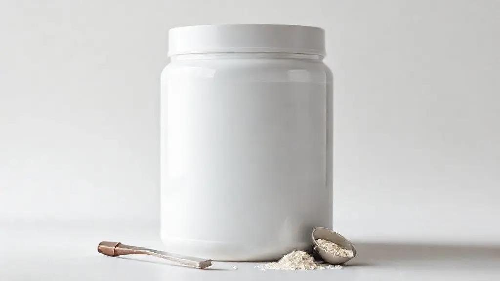 Análise completa do Whey Atlhetica: um pote de whey protein sem marca em um fundo limpo de estúdio, simbolizando qualidade e pureza para suplementação.