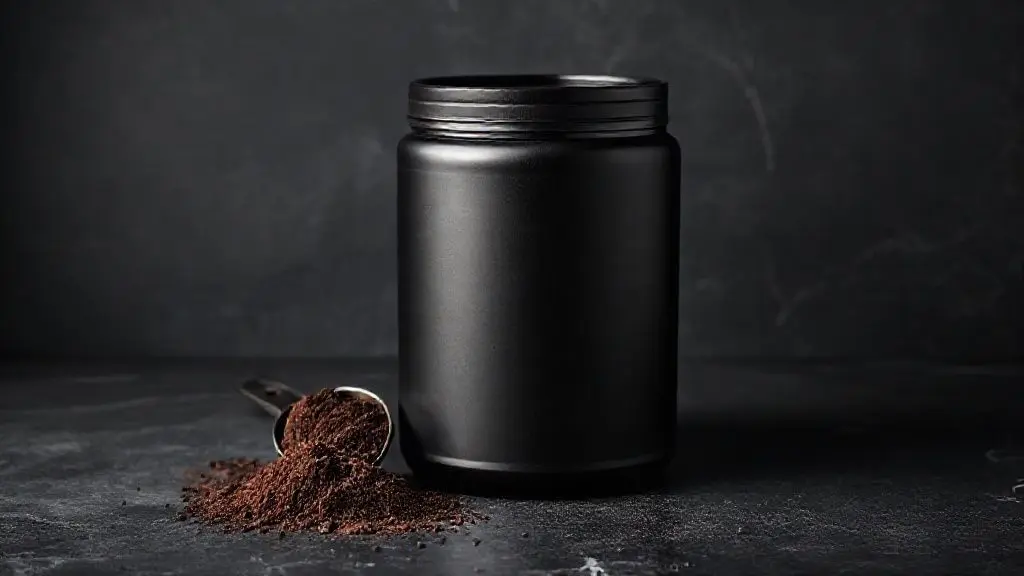 Pote de whey de carne (beef protein) sem marca em um fundo escuro de estúdio, com um scoop de pó ao lado, representando o melhor whey de carne.