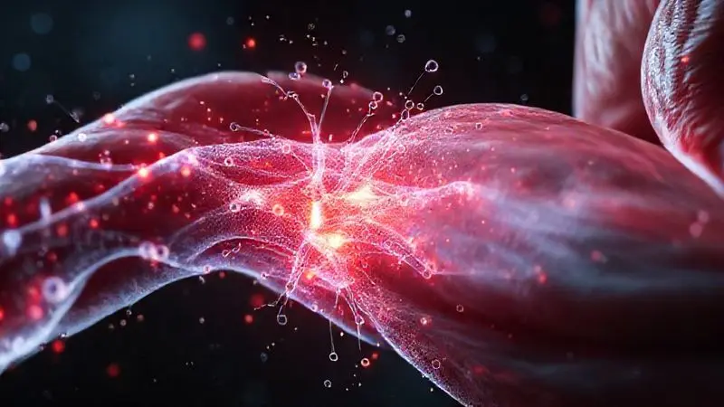 Ilustração de fibras musculares se fortalecendo, representando a ação do Whey Protein para o ganho de massa muscular.