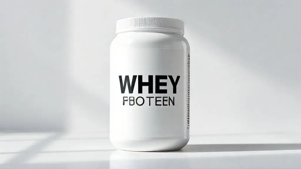 Análise completa do whey protein da Probiótica, mostrando um pote de suplemento sem marca em destaque com iluminação de estúdio profissional.