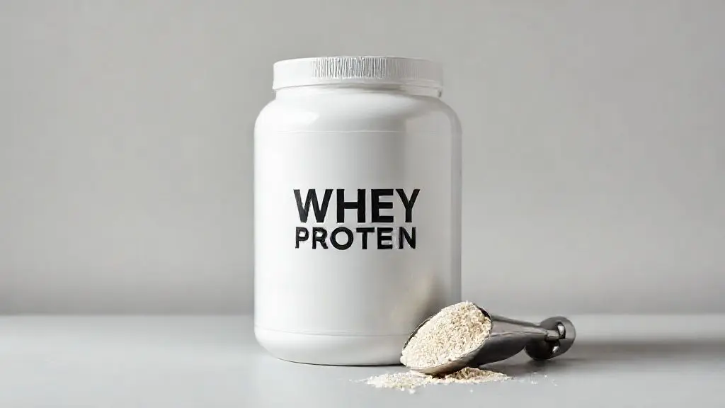 Pote de whey protein sem marca e um medidor com o pó em um fundo de estúdio, representando a análise para escolher o melhor whey protein de 2025.