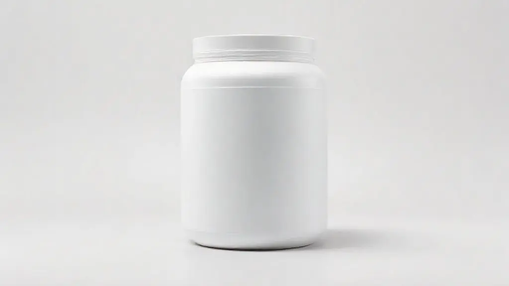 Pote de whey protein sem marca em fundo de estúdio, ilustrando a análise completa para escolher o melhor suplemento para seus objetivos.