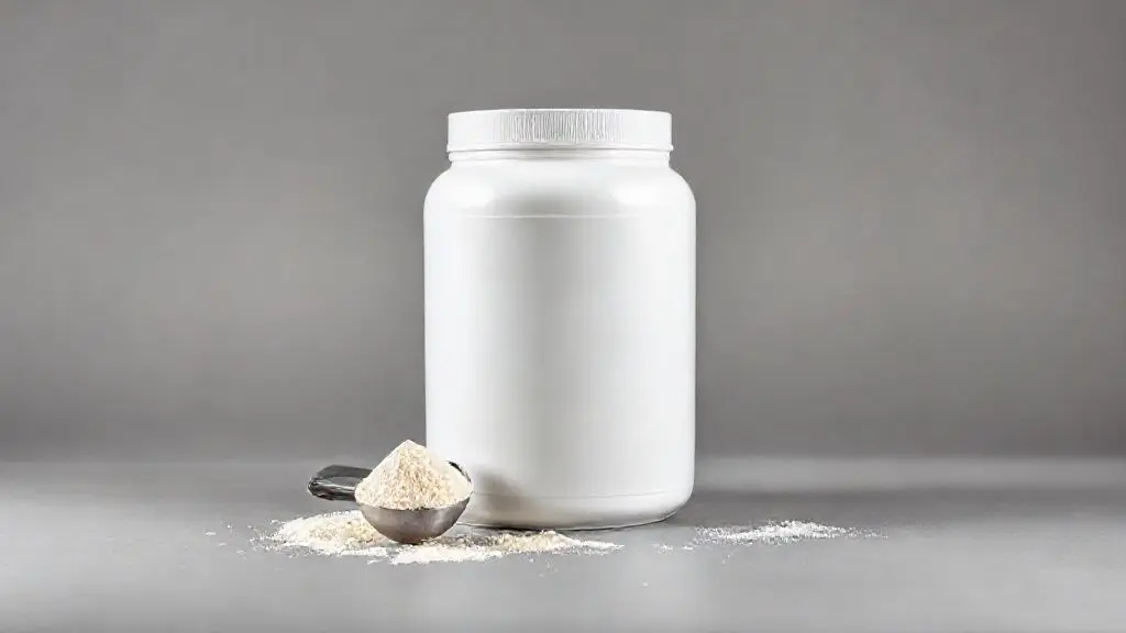Pote de whey protein sem marca em um fundo limpo de estúdio, com um medidor de suplemento ao lado, simbolizando uma análise sincera do produto.