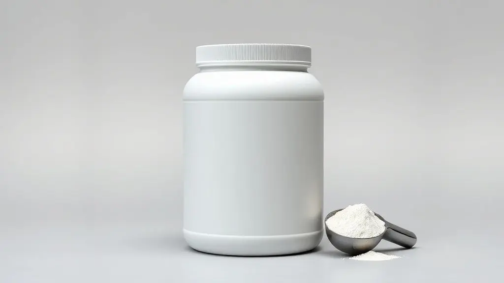 Pote de whey protein sem marca e um medidor com o pó em um fundo de estúdio, representando a análise para escolher o melhor whey protein de 2025.