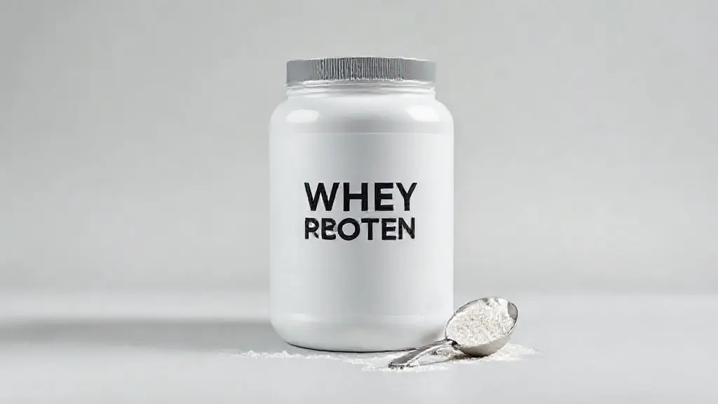 Pote de whey protein isolado sem marca em um fundo de estúdio, simbolizando a análise completa para encontrar o melhor suplemento de 2024.