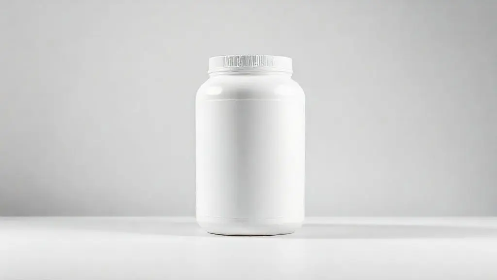 Pote de whey protein para bariátricos sobre um fundo de estúdio limpo, representando a análise dos melhores suplementos para o pós-operatório.
