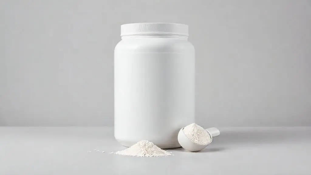Pote de whey protein para diabéticos em um fundo de estúdio, representando a escolha de suplementos seguros para o controle da glicemia.