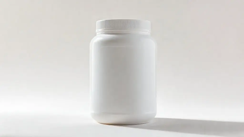 Embalagem de whey protein para gestantes, sem marca, em um fundo de estúdio neutro, representando a suplementação de proteína segura na gravidez.