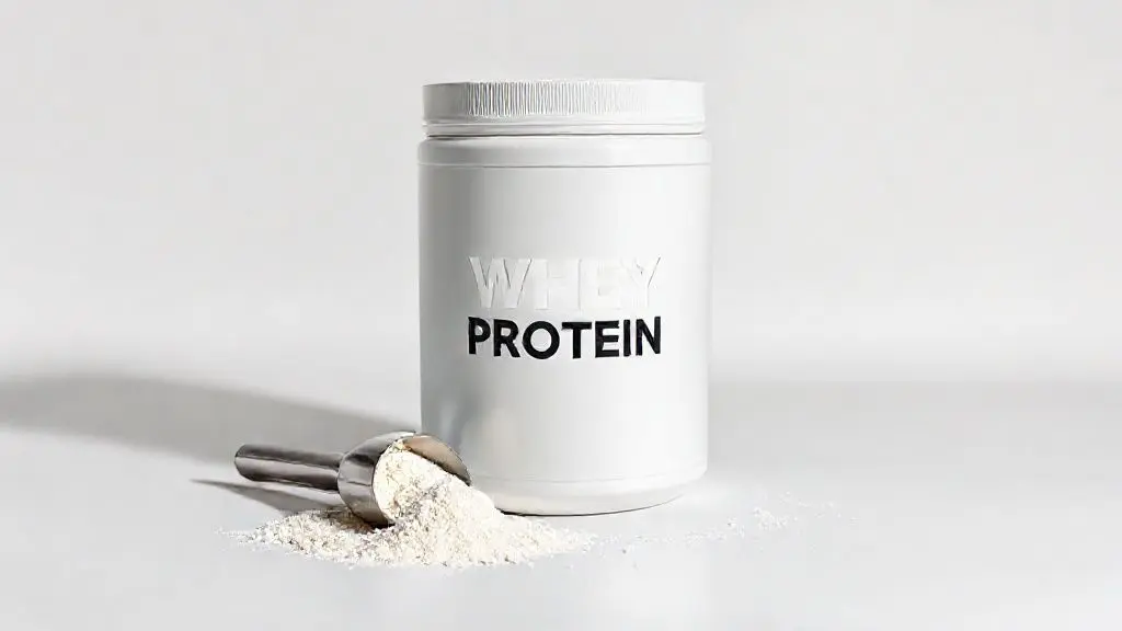 Pote de whey protein para ganho de massa muscular em destaque, com um dosador ao lado, ilustrando o suplemento ideal para hipertrofia em 2025.