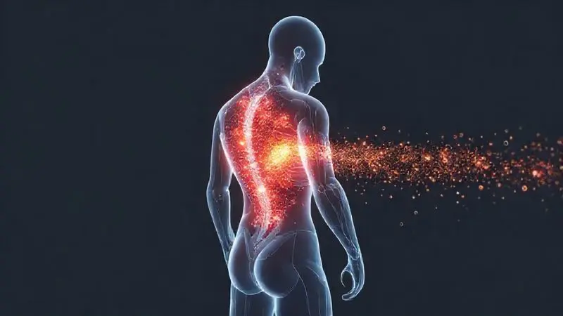 Ilustração de nutrientes reparando as microlesões musculares de uma pessoa após o treino, destacando a recuperação pós-treino.