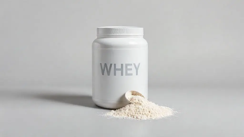 Pote de whey protein branco sem marca com um scoop de pó em cima, representando as melhores marcas de whey para comprar.