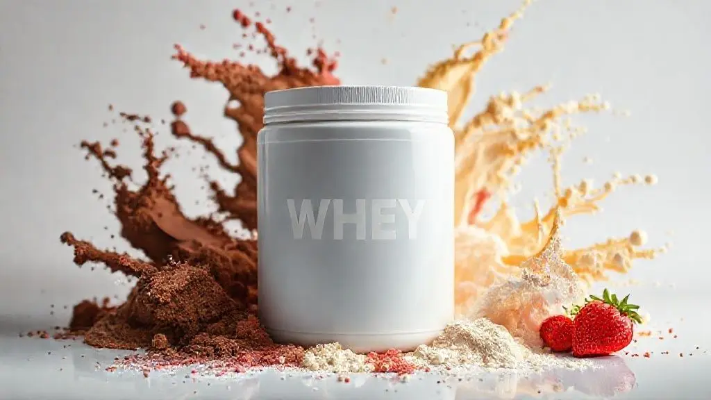 Um pote de whey protein sem marca, posicionado no centro, cercado por representações artísticas de sabores como chocolate, baunilha e morango.
