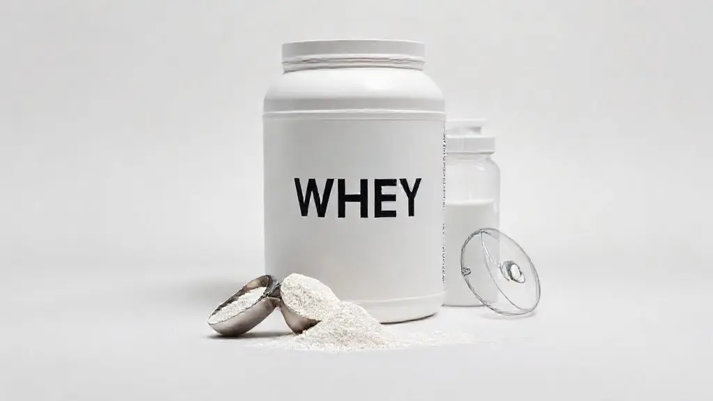 Pote de whey protein sem marca, com um medidor e uma coqueteleira em fundo neutro, representando o guia completo sobre os melhores whey protein de 2025.