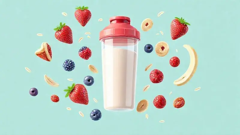 Ilustração 3D com ingredientes como frutas e aveia que podem ser misturados com whey protein para otimizar os resultados de ganho de massa.