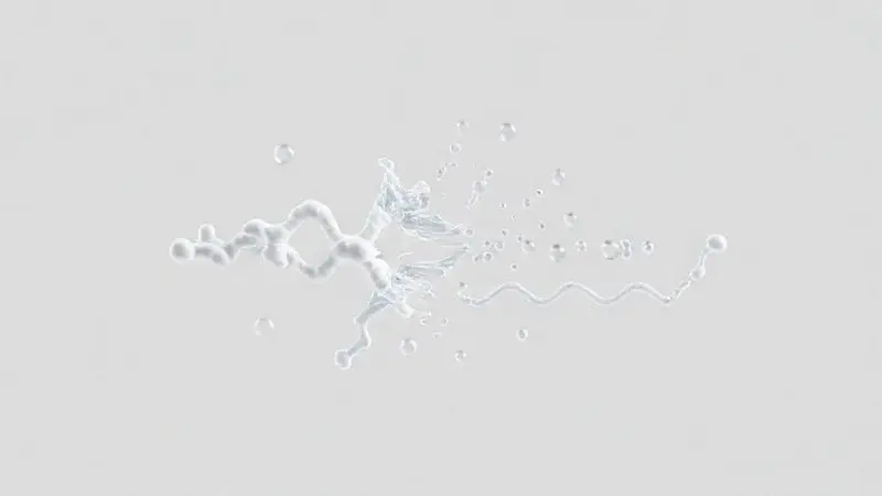 Ilustração conceitual do processo de hidrólise, mostrando uma molécula de proteína sendo quebrada em peptídeos menores por moléculas de água.