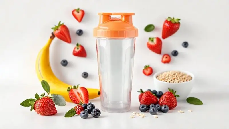 Render 3D de um copo de whey protein cercado por ingredientes saudáveis como banana, frutas vermelhas e aveia para misturar.