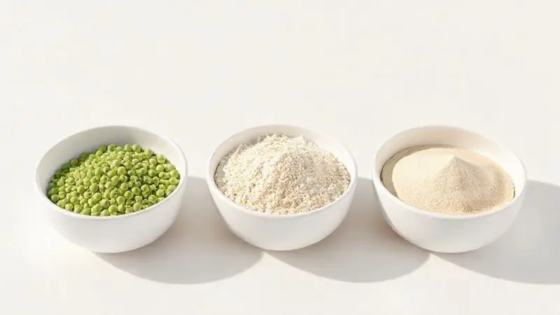 Ilustração com três fontes de proteína vegetal em pó - ervilha, arroz e cânhamo - como alternativas ao whey protein para quem tem acne.