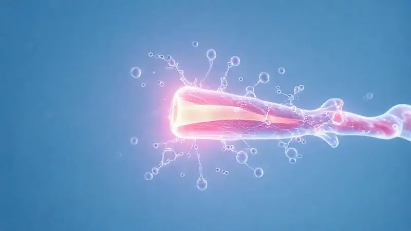 Ilustração 3D de uma fibra muscular sendo reparada por moléculas, mostrando para que serve o Medium Whey Growth na recuperação e ganho de massa muscular.