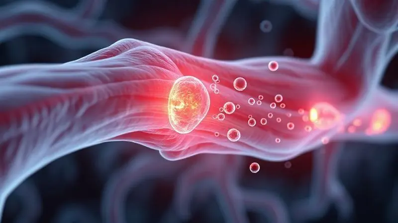 Ilustração 3D mostrando como as partículas de whey protein ajudam na reparação e crescimento das fibras musculares após o exercício.