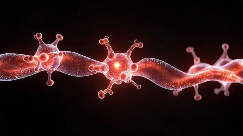 Ilustração conceitual mostrando moléculas de proteína reparando e fortalecendo fibras musculares para explicar a função do whey protein.