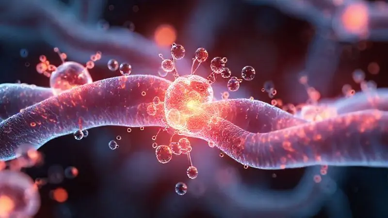 Ilustração conceitual de proteínas reparando fibras musculares, explicando a função e os benefícios do whey protein.