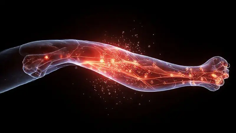 Ilustração conceitual de uma fibra muscular sendo reparada por partículas de proteína, demonstrando para que serve o whey protein.