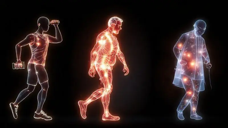 Ilustração mostrando para quem a albumina é indicada: atletas, idosos e pessoas em recuperação, fortalecendo os músculos.