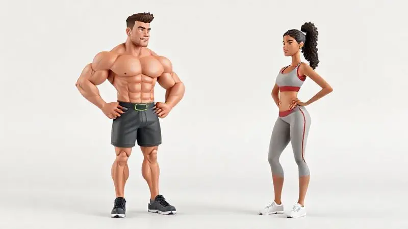 Render 3D mostrando um atleta e uma pessoa casual de academia, ilustrando para quem o whey protein é indicado como suplemento.