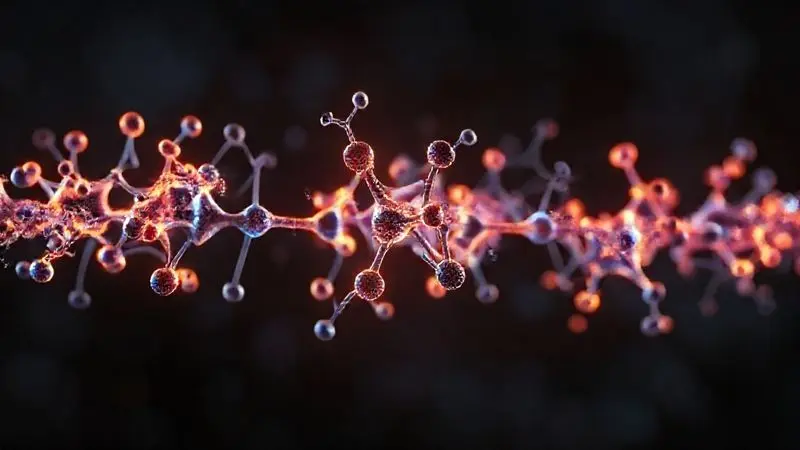 Renderização 3D artística do perfil de aminoácidos, ilustrando a estrutura molecular e a importância dos BCAAs no suplemento.