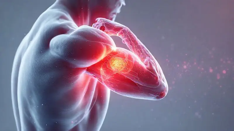 Ilustração conceitual dos principais benefícios do whey protein, mostrando a recuperação e o fortalecimento das fibras musculares.