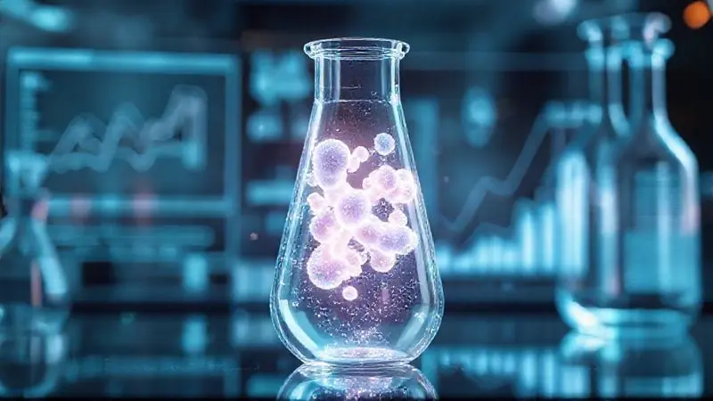 Ilustração conceitual de uma análise laboratorial de whey protein, simbolizando a verificação de qualidade e os laudos técnicos do produto.