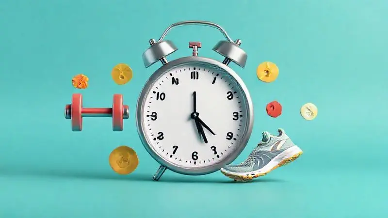 Render 3D conceitual de um relógio com ícones de treino, simbolizando o melhor momento para tomar whey protein para obter resultados.