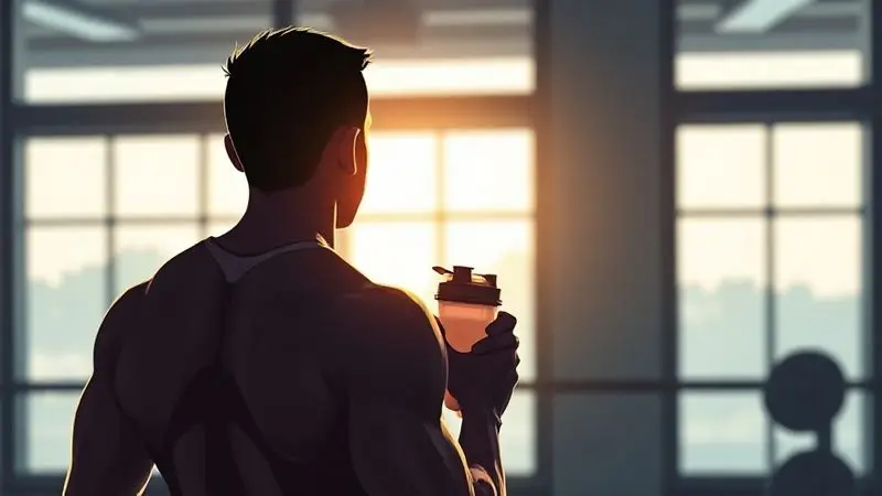 Ilustração de uma pessoa segurando uma coqueteleira após o treino, simbolizando o momento ideal para o consumo de whey protein para recuperação muscular.