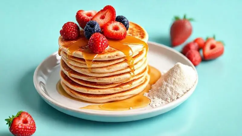 Ilustração 3D de uma pilha de panquecas de proteína com frutas, como exemplo de receitas que podem ser feitas com Whey Gourmet.