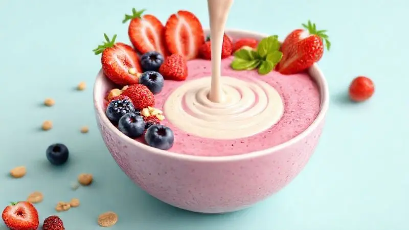 Render 3D de uma receita de smoothie bowl saudável e proteico, mostrando uma forma criativa de consumir whey protein.