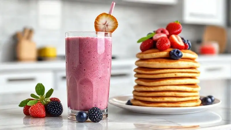 Render 3D de um smoothie de proteína cremoso e uma pilha de panquecas com frutas, mostrando receitas práticas com whey.