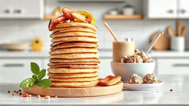 Render 3D de receitas práticas e deliciosas feitas com Whey Shark Pro, como panquecas e shakes, para uma dieta nutritiva e saborosa.