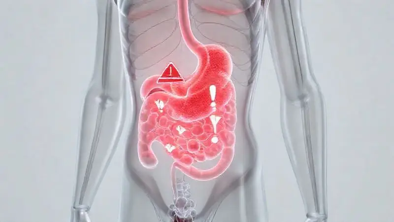 Ilustração 3D mostrando os riscos à saúde do consumo de whey protein falsificado, com símbolos de alerta no sistema digestivo de uma figura humana.