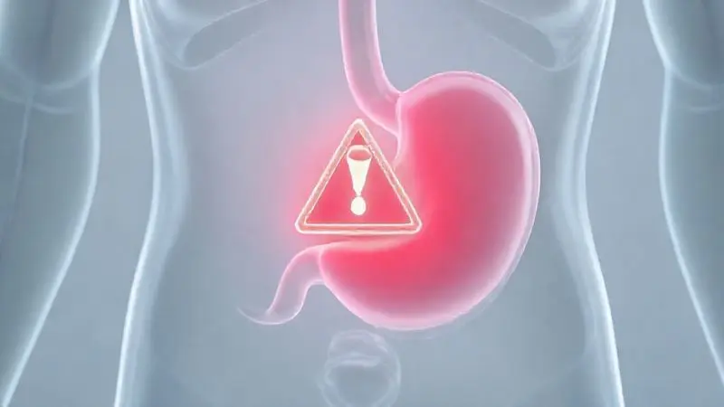 Ilustração conceitual mostrando um símbolo de atenção no sistema digestivo, alertando para os possíveis riscos e contraindicações do consumo de whey protein.
