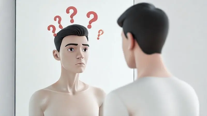 Render artístico de uma pessoa se olhando no espelho com interrogações ao redor, simbolizando a dúvida se o whey protein está causando acne.