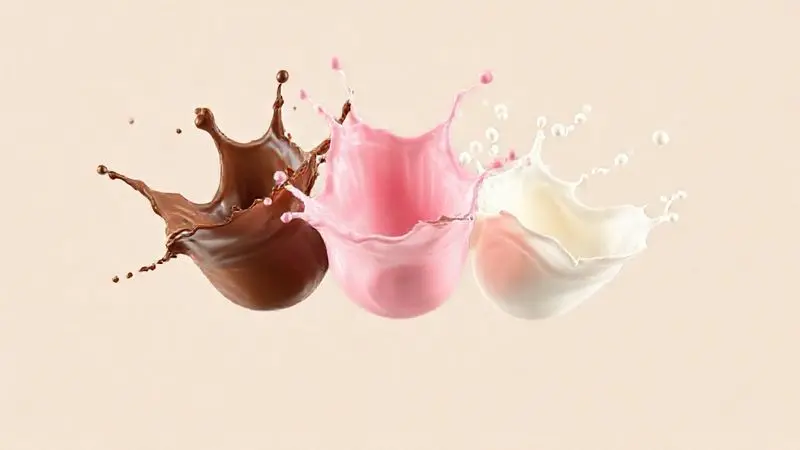 Representação artística e conceitual dos diversos sabores de whey protein disponíveis, como chocolate, morango e baunilha, em splashes de líquido.