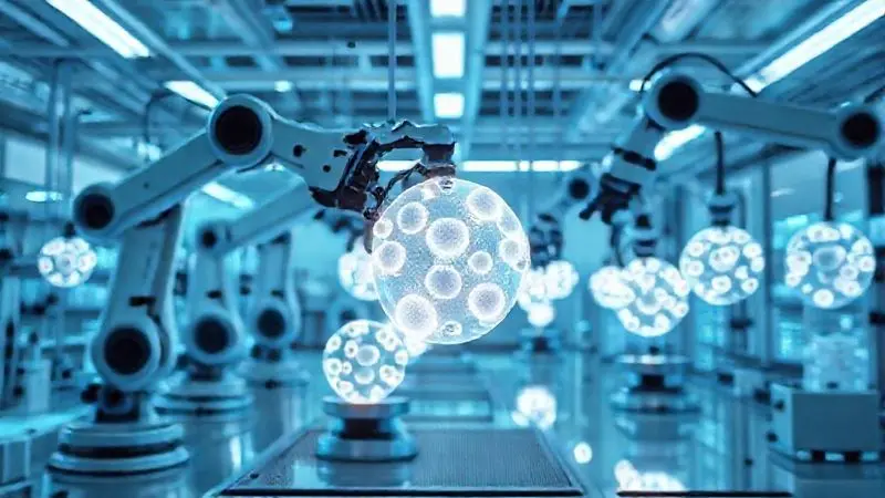 Ilustração conceitual representando a ciência e a tecnologia por trás da fabricação de suplementos da marca Max Titanium.