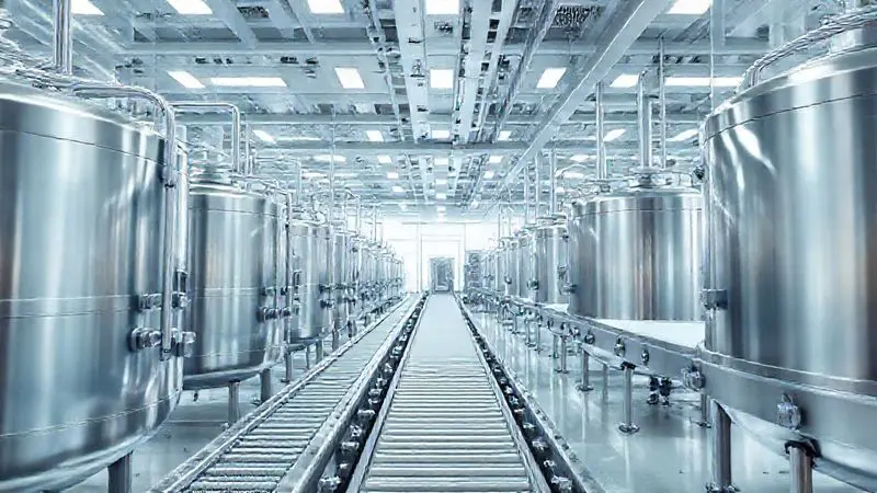 Render artístico de uma fábrica de suplementos moderna e tecnológica, simbolizando a qualidade e a reputação da marca Max Titanium.