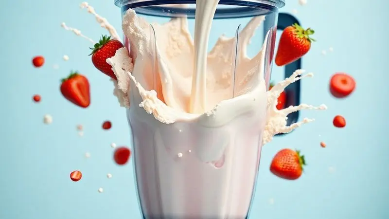 Render 3D artístico e colorido de um shake de whey protein sendo preparado, com frutas e leite em um liquidificador, sugerindo uma receita saborosa.