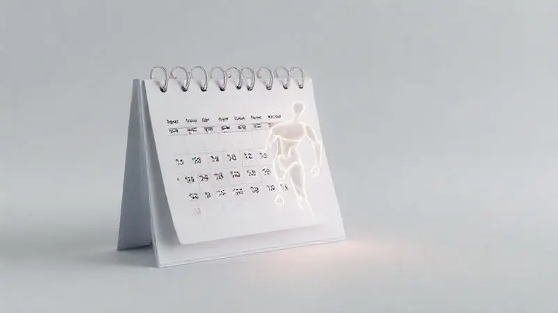 Render 3D conceitual de um calendário se transformando em uma silhueta muscular, ilustrando o tempo para ver os resultados do whey protein.